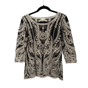 Ultra Pink Black Gold Embroidered Sheer Blouse M